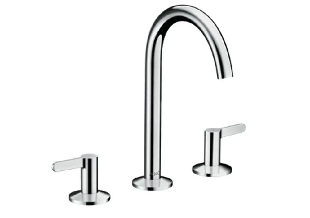 Waschtischarmatur in Chrom mit drei Anschlüssen und zwei Drehhebeln von AXOR. Auslauf in geschwungener Form, geeignet für moderne Badezimmer.